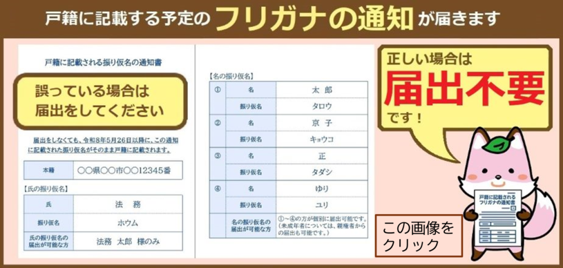 戸籍に記載する予定のフリガナの通知が届きます
